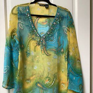 Raviya turquoise, yellow embelished tunic top, size medium